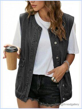 Sleeveless Denim Vest Button Down Jean Vest Waistcoat with Pockets